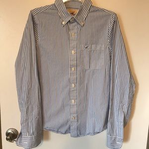 blue and white striped casual button down shirt
